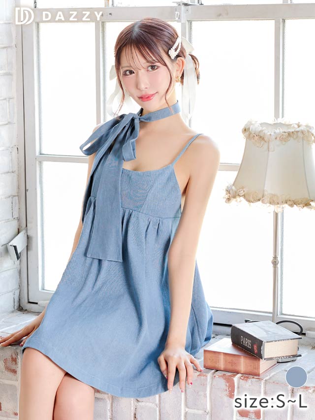 9/17新作!デニムリボンチュニックワンピース[SML/3サイズ展開][カジュアル/dazzy closet][伊藤桃々着用]