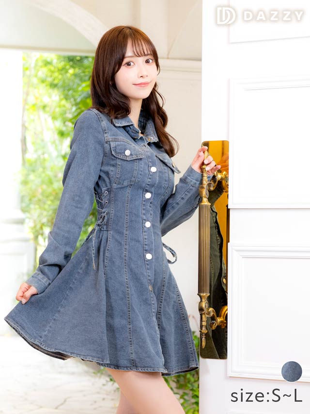 5/12新作!サイドレースアップ長袖デニムワンピース[カジュアル/dazzy closet][SML/3サイズ展開]