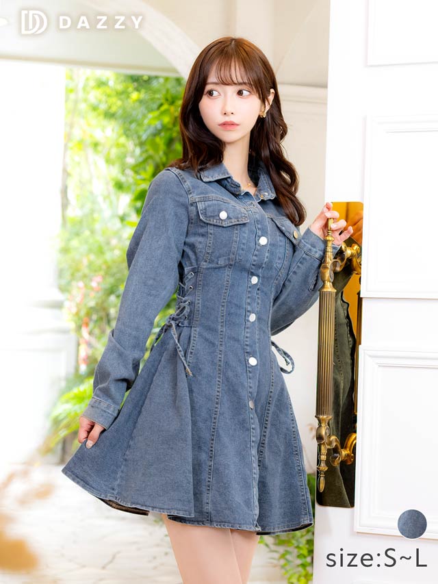 5/12新作!サイドレースアップ長袖デニムワンピース[カジュアル/dazzy closet][SML/3サイズ展開]
