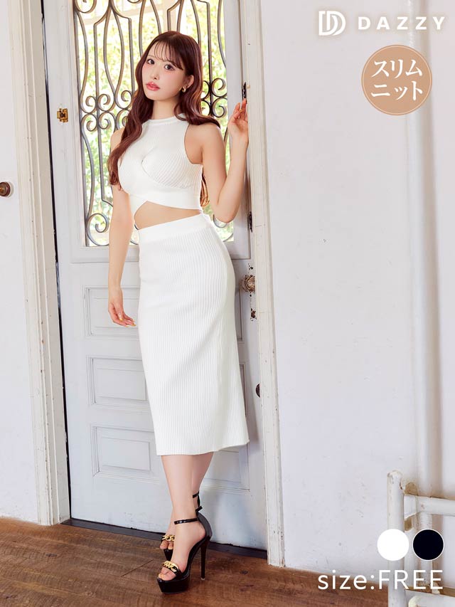 9/5新作!カシュクールアメスリニットタイト膝丈セットアップ[カジュアル/dazzy closet][伊藤桃々着用]