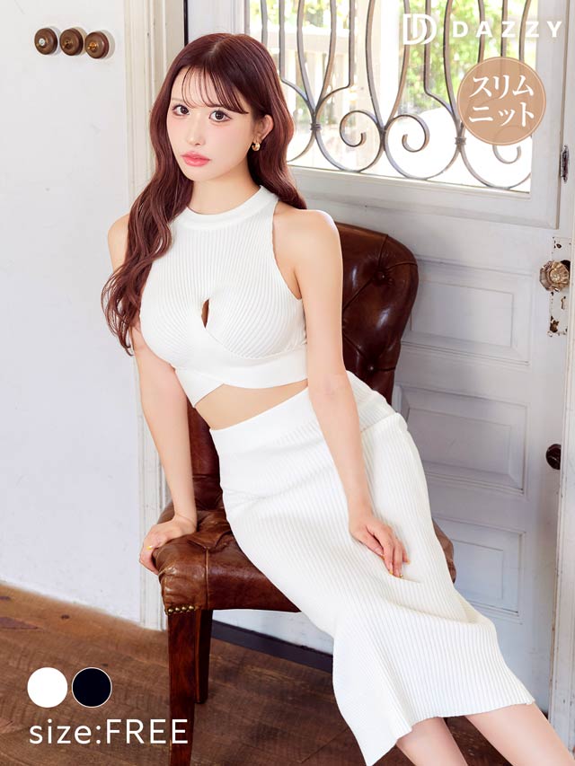 9/5新作!カシュクールアメスリニットタイト膝丈セットアップ[カジュアル/dazzy closet][伊藤桃々着用]