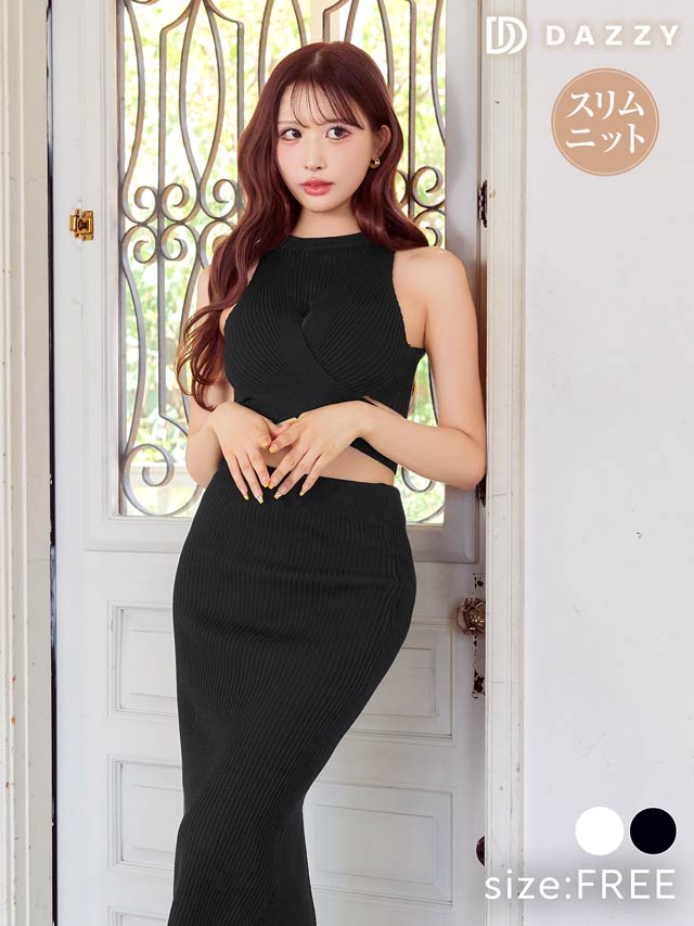 9/5新作!カシュクールアメスリニットタイト膝丈セットアップ[カジュアル/dazzy closet][伊藤桃々着用]