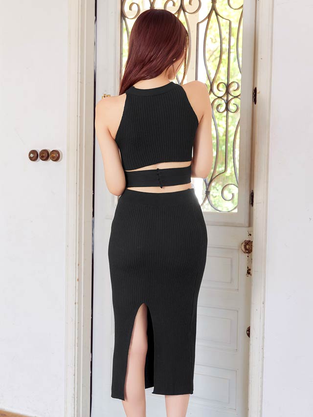 9/5新作!カシュクールアメスリニットタイト膝丈セットアップ[カジュアル/dazzy closet][伊藤桃々着用]