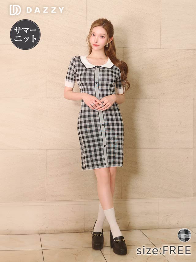 8/22新作!襟付きレトロギンガムチェック半袖ニットワンピース[カジュアル/dazzy closet]