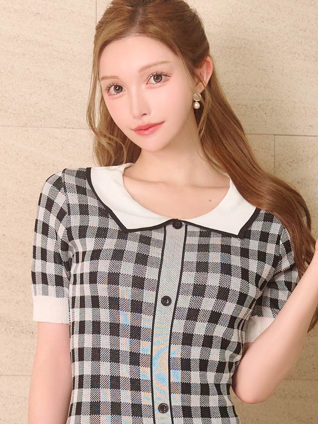 8/22新作!襟付きレトロギンガムチェック半袖ニットワンピース[カジュアル/dazzy closet]