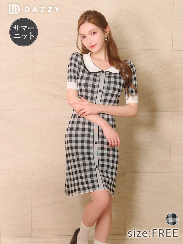 8/22新作!襟付きレトロギンガムチェック半袖ニットワンピース[カジュアル/dazzy closet]