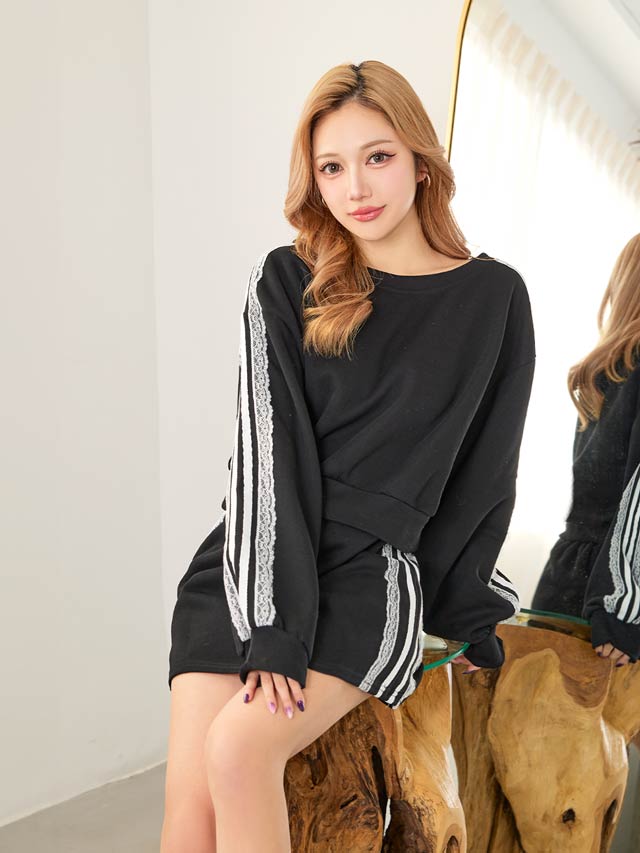 サイドスカラップレースライン長袖トップス&フレアスカートセットアップ[カジュアル/dazzy closet]