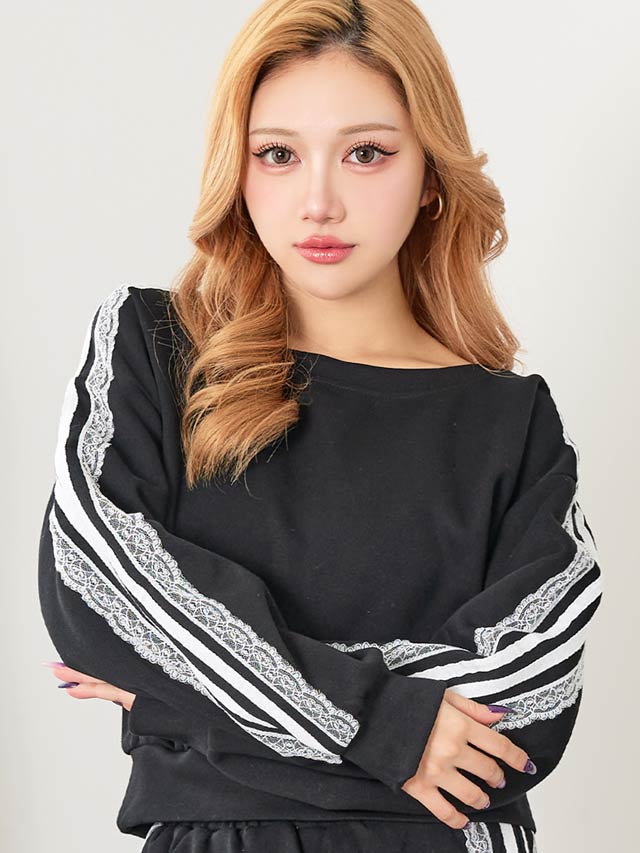 サイドスカラップレースライン長袖トップス&フレアスカートセットアップ[カジュアル/dazzy closet]