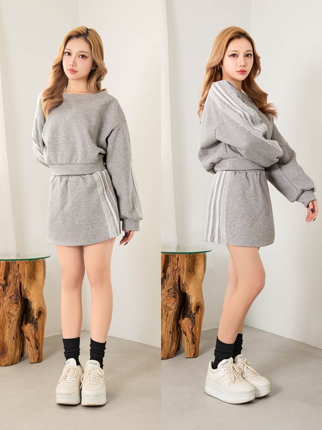 サイドスカラップレースライン長袖トップス&フレアスカートセットアップ[カジュアル/dazzy closet]