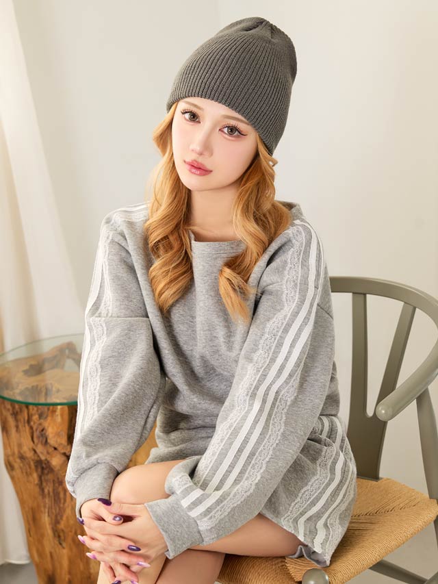 サイドスカラップレースライン長袖トップス&フレアスカートセットアップ[カジュアル/dazzy closet]