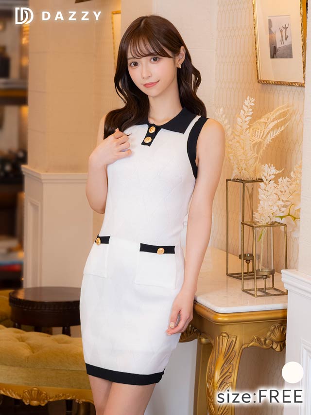 5/19新作!バイカラー格子ボタンビジューニットワンピース[カジュアル/dazzy closet]