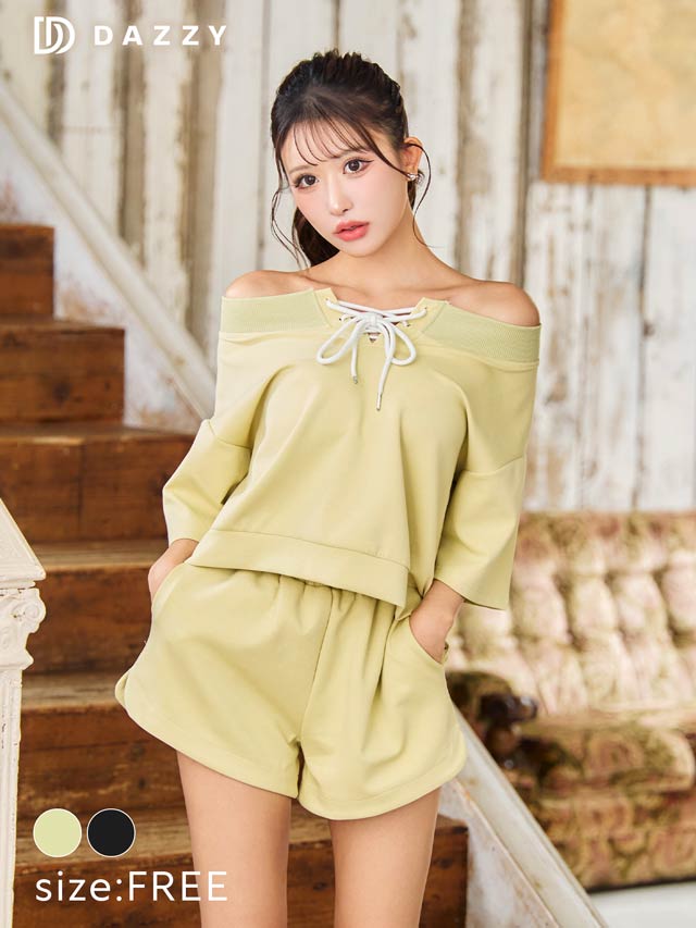 5/26新作!2wayショルダースウェットトップス＆ハーフパンツセットアップ[カジュアル/dazzy closet]