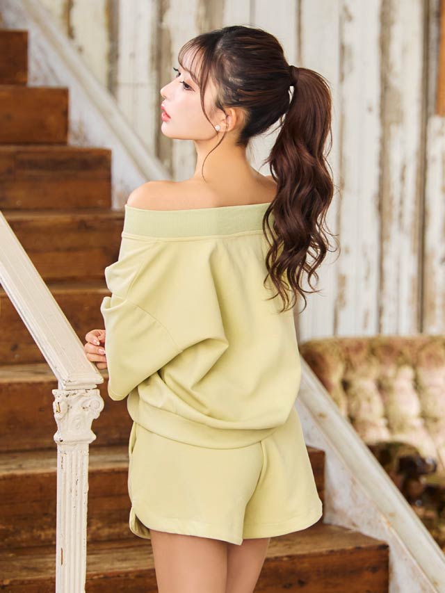 5/26新作!2wayショルダースウェットトップス＆ハーフパンツセットアップ[カジュアル/dazzy closet]