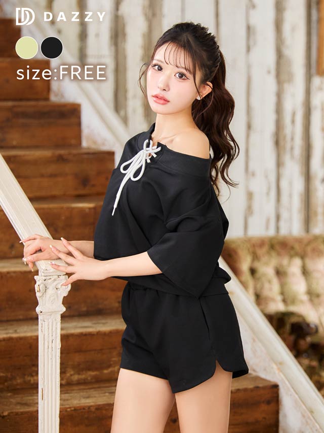 5/26新作!2wayショルダースウェットトップス＆ハーフパンツセットアップ[カジュアル/dazzy closet]