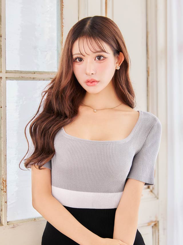 6/2新作!バイカラーウエストラインリブニット半袖ワンピース[カジュアル/dazzy closet]