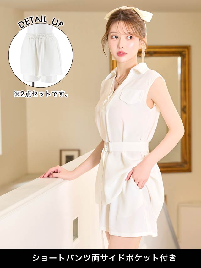 8/1新作!ベルト付きＶネックレイヤードシャツワンピース風セットアップ[カジュアル/dazzy closet][ML/2サイズ展開]