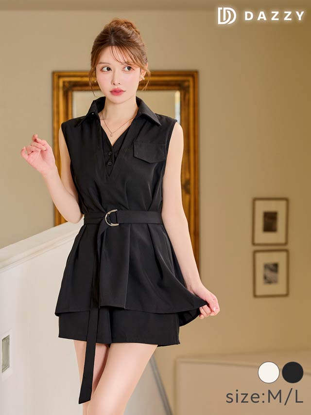8/1新作!ベルト付きＶネックレイヤードシャツワンピース風セットアップ[カジュアル/dazzy closet][ML/2サイズ展開]