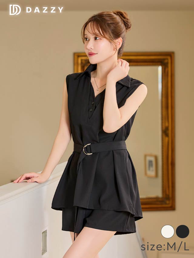 8/1新作!ベルト付きＶネックレイヤードシャツワンピース風セットアップ[カジュアル/dazzy closet][ML/2サイズ展開]