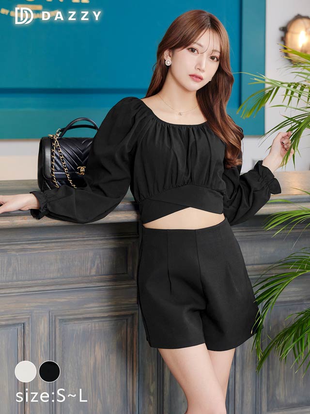 [SMLサイズ]クロップドギャザーバックリボン長袖セットアップ[カジュアル/dazzy closet]