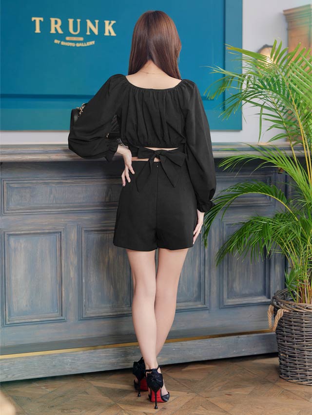 [SMLサイズ]クロップドギャザーバックリボン長袖セットアップ[カジュアル/dazzy closet]