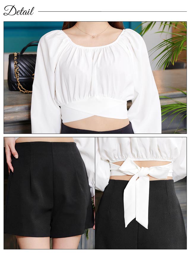 [SMLサイズ]クロップドギャザーバックリボン長袖セットアップ[カジュアル/dazzy closet]