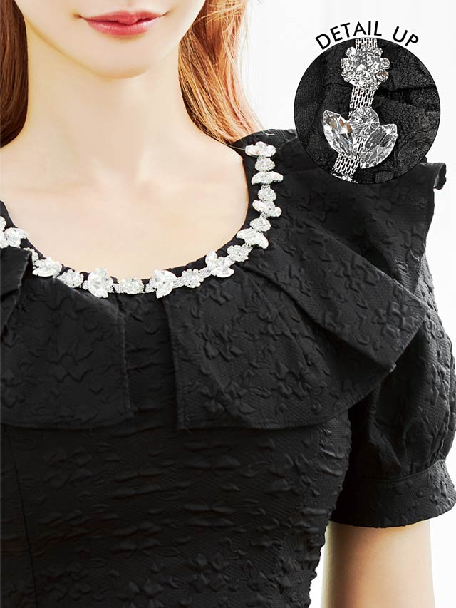 [SMLサイズ]ビジューフリルジャガードパフスリーブワンピース[3サイズ展開][カジュアル/dazzy closet]