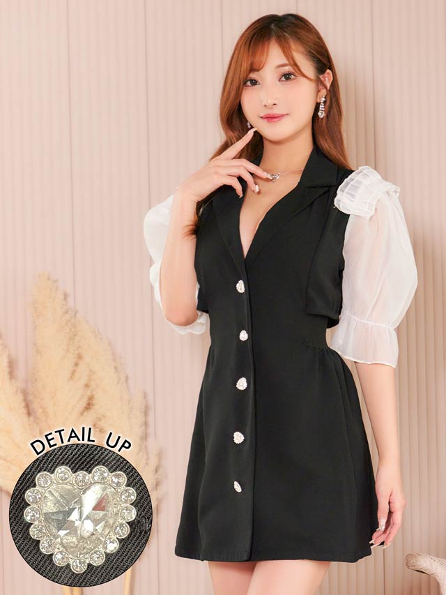 [SMLサイズ]パフスリーブバックカットビジューボタンワンピース[3サイズ展開][カジュアル/dazzy closet]