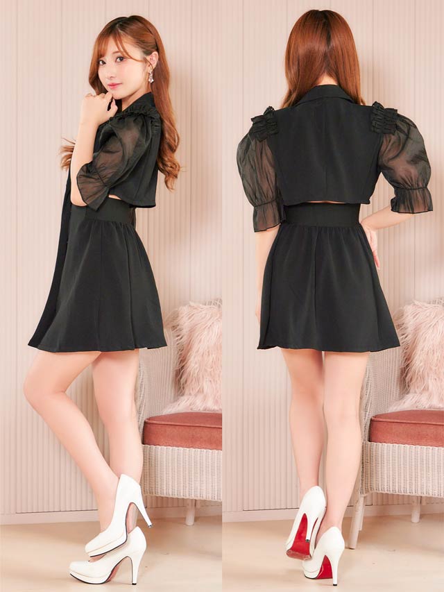 [SMLサイズ]パフスリーブバックカットビジューボタンワンピース[3サイズ展開][カジュアル/dazzy closet]