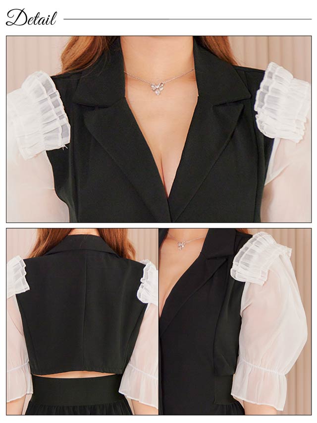 [SMLサイズ]パフスリーブバックカットビジューボタンワンピース[3サイズ展開][カジュアル/dazzy closet]