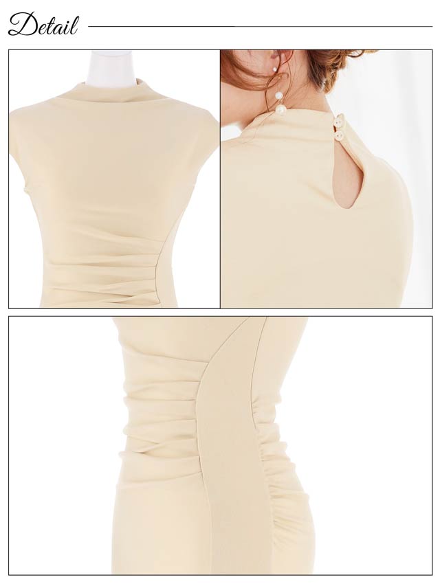 ワンカラーオフネックギャザースリット膝丈ワンピース[カジュアル/dazzy closet]