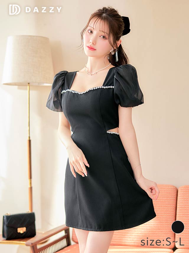 [SMLサイズ]スクエアネックビジューウエストカットワンピース[カジュアル/dazzy closet]