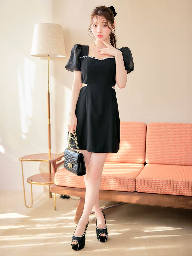 [SMLサイズ]スクエアネックビジューウエストカットワンピース[カジュアル/dazzy closet]