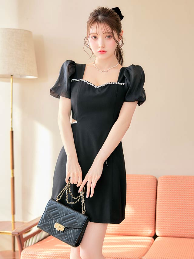 [SMLサイズ]スクエアネックビジューウエストカットワンピース[カジュアル/dazzy closet]