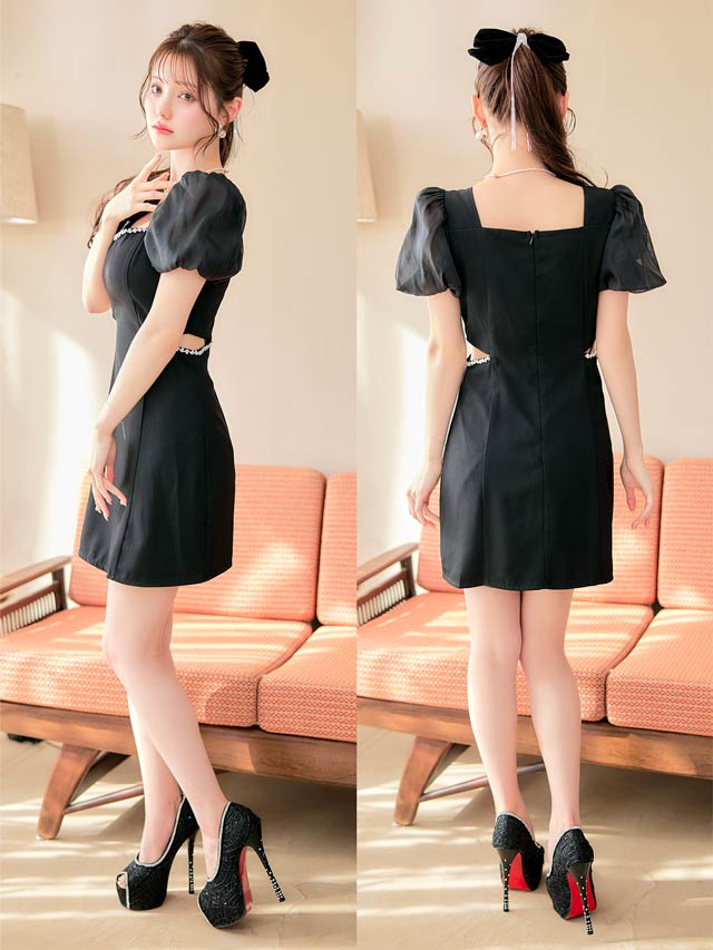 [SMLサイズ]スクエアネックビジューウエストカットワンピース[カジュアル/dazzy closet]