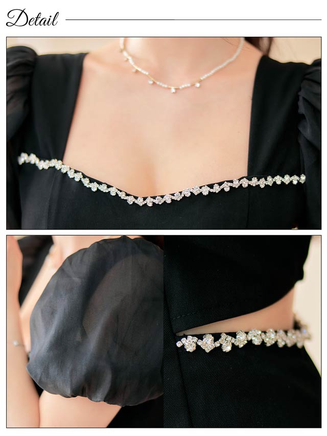 [SMLサイズ]スクエアネックビジューウエストカットワンピース[カジュアル/dazzy closet]