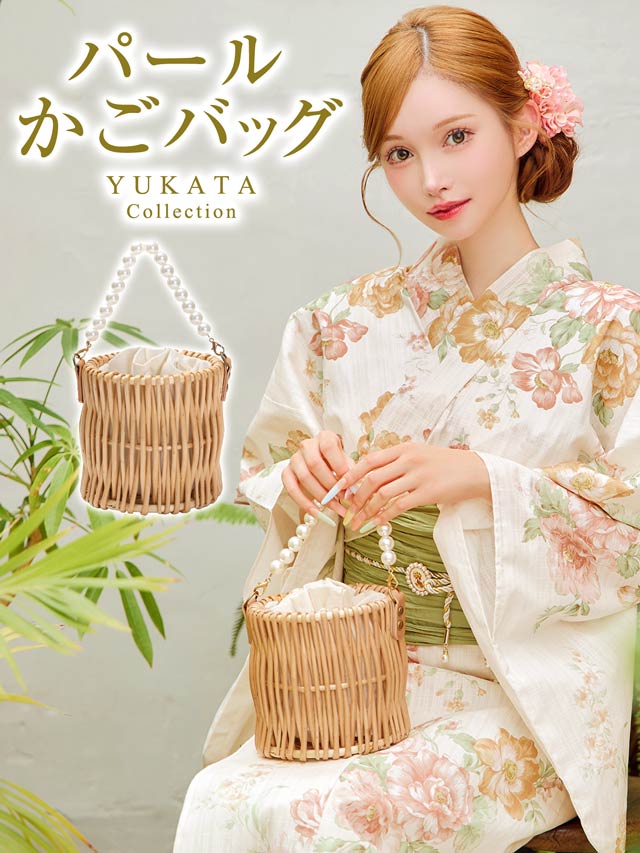 [単品] バケツ型巾着口パールハンドルかごバッグ【2025年再入荷/YUKATA by dazzy】