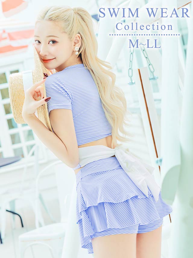 [2点SET]バックリボンボーダーフリルビキニ/水着【dazzy beach/2025ビキニ】