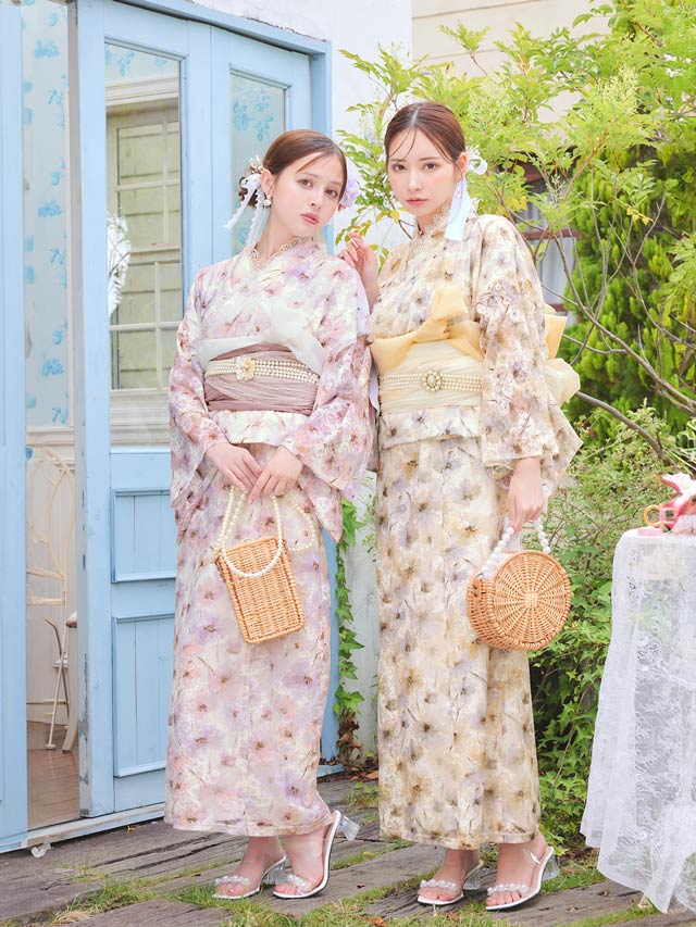 [ワンピース浴衣]水彩パステル花柄レース浴衣[4点SET]【YUKATA by dazzy 2025】