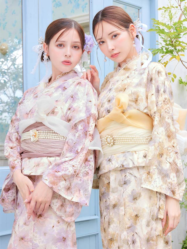 [ワンピース浴衣]水彩パステル花柄レース浴衣[4点SET]【YUKATA by dazzy 2025】