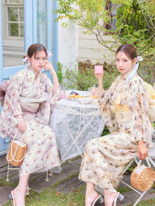[ワンピース浴衣]水彩パステル花柄レース浴衣[4点SET]【YUKATA by dazzy 2025】