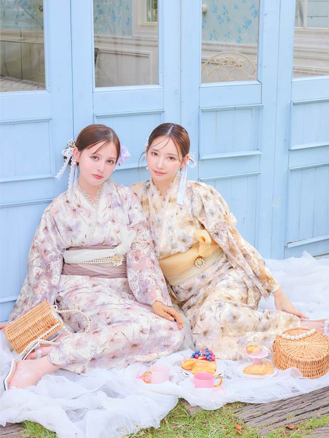 [ワンピース浴衣]水彩パステル花柄レース浴衣[4点SET]【YUKATA by dazzy 2025】