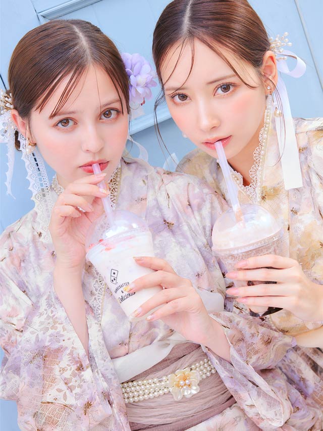 [ワンピース浴衣]水彩パステル花柄レース浴衣[4点SET]【YUKATA by dazzy 2025】