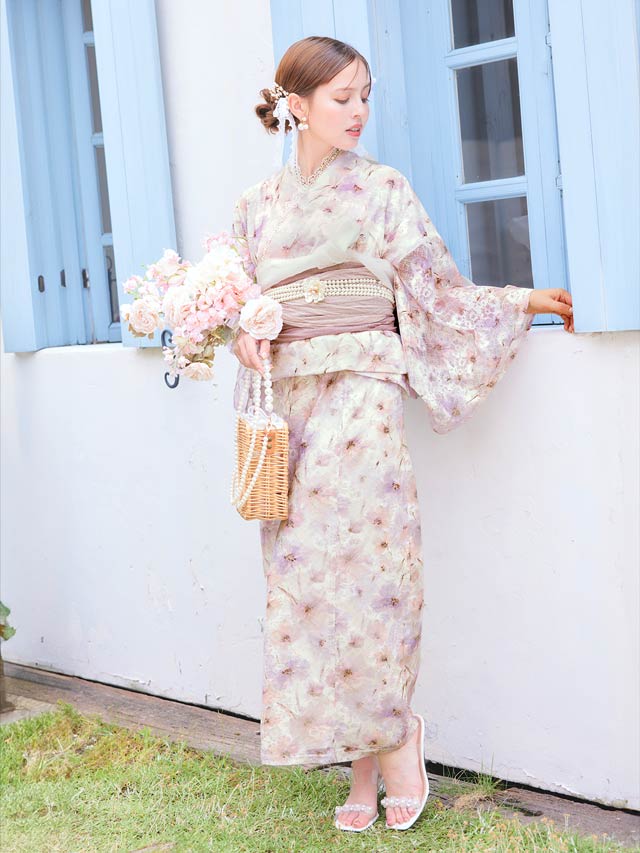 [ワンピース浴衣]水彩パステル花柄レース浴衣[4点SET]【YUKATA by dazzy 2025】
