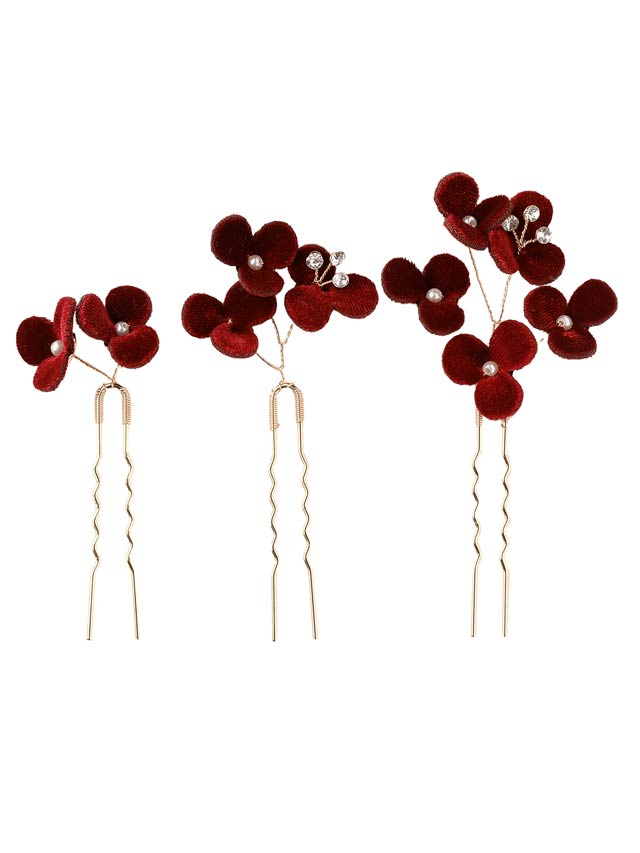 [3点SET]深紅小花ビジュー髪飾り【2025年新作/YUKATA by dazzy】