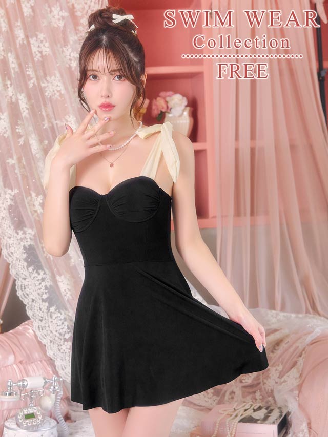 バイカラーリボンショルダーフレアワンピース/水着【dazzy beach/2025ビキニ】