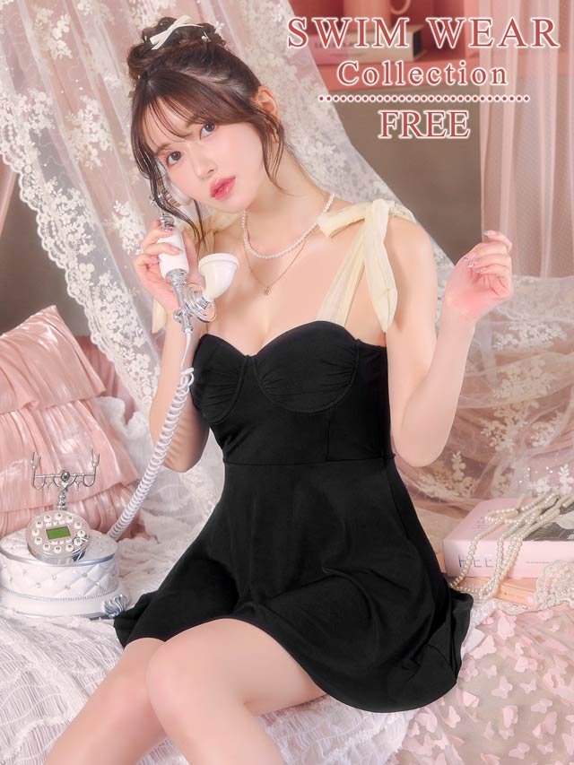 バイカラーリボンショルダーフレアワンピース/水着【dazzy beach/2025ビキニ】