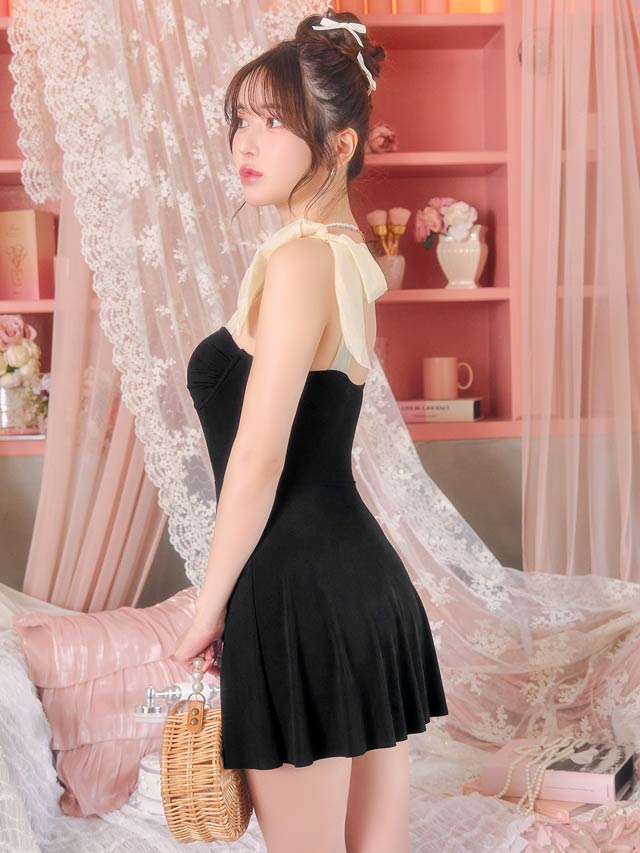 バイカラーリボンショルダーフレアワンピース/水着【dazzy beach/2025ビキニ】