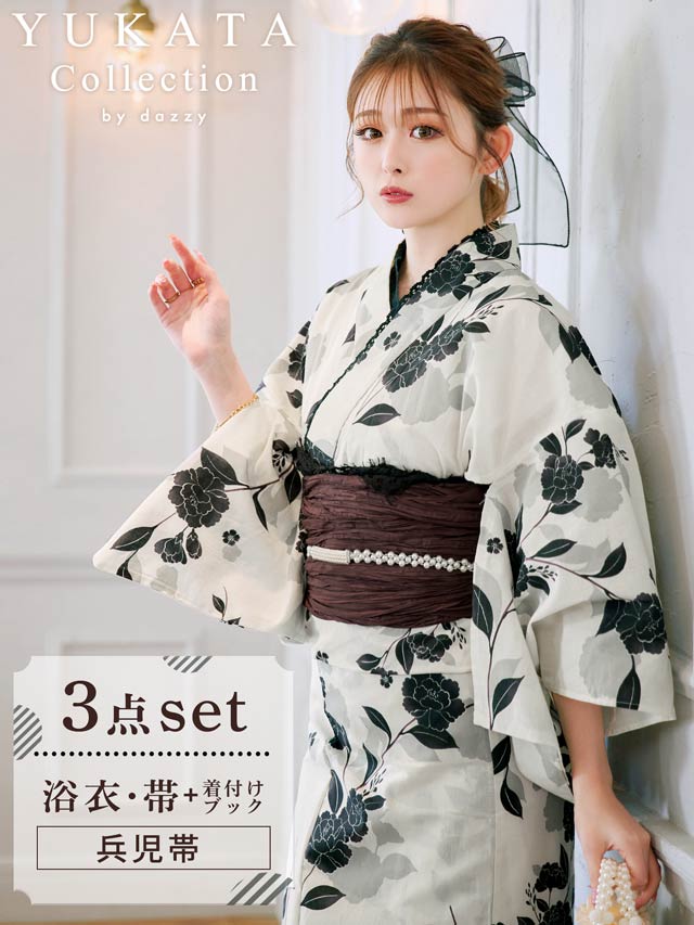 [3点SET]モノトーン牡丹柄浴衣【YUKATA by dazzy 2025】
