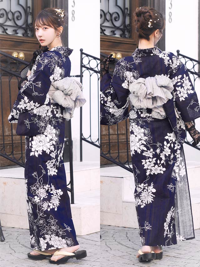 [3点SET]紺地×レトロ花柄浴衣【YUKATA by dazzy 2025】