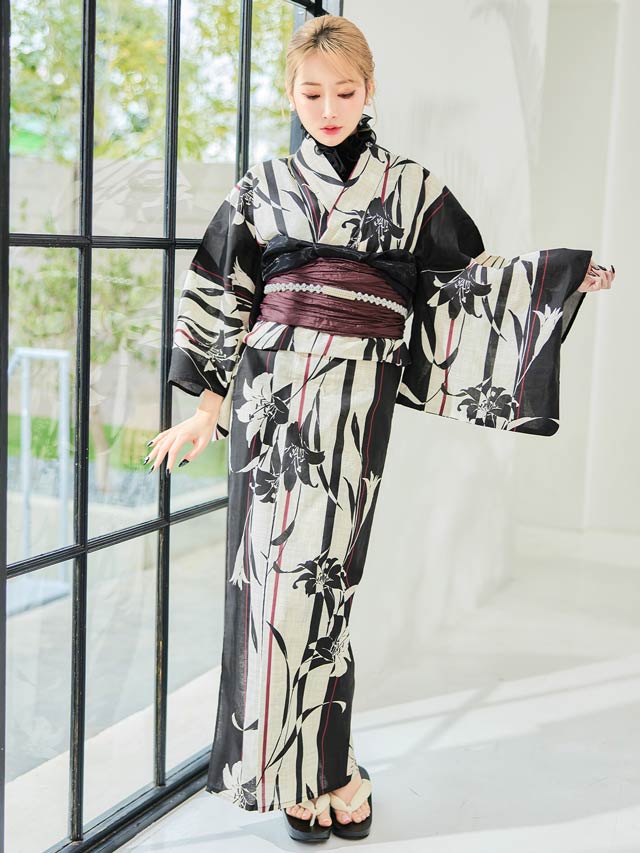 [3点SET]縦縞モノクロ百合柄浴衣【YUKATA by dazzy 2025】